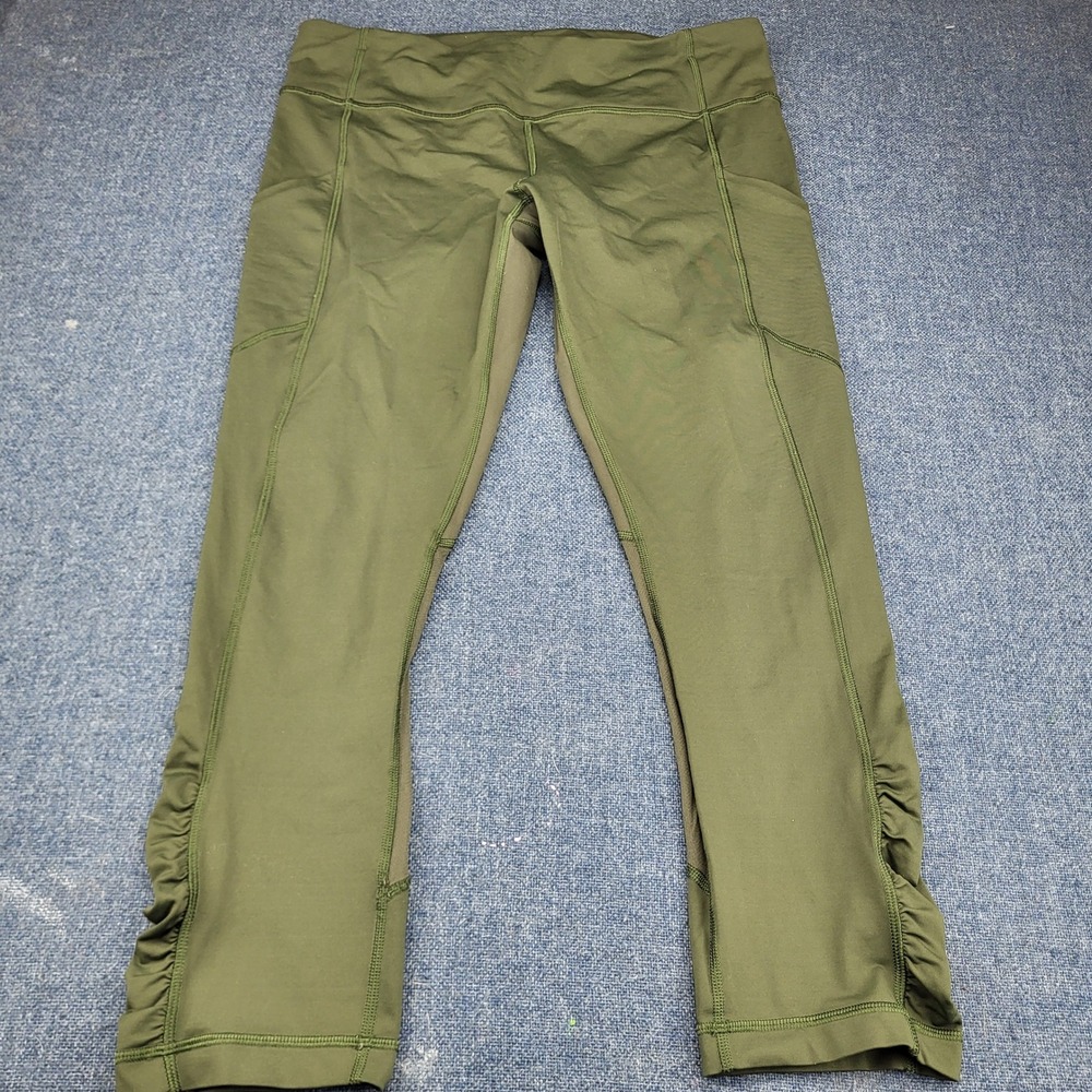 Lululemon Pace Rival Crop in the Leggings Dark Olive Green Mesh Pockets Sz 10
